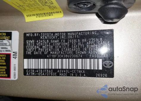 2011 Toyota Camry Le z USA, uszkodzony, nr VIN 4T1BF3EK3BU230674